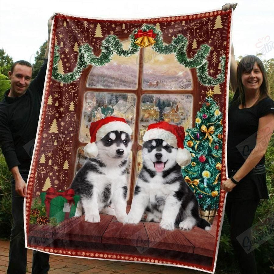 Twin Siberian Husky Dog On The Window Christmas Throw Blanket