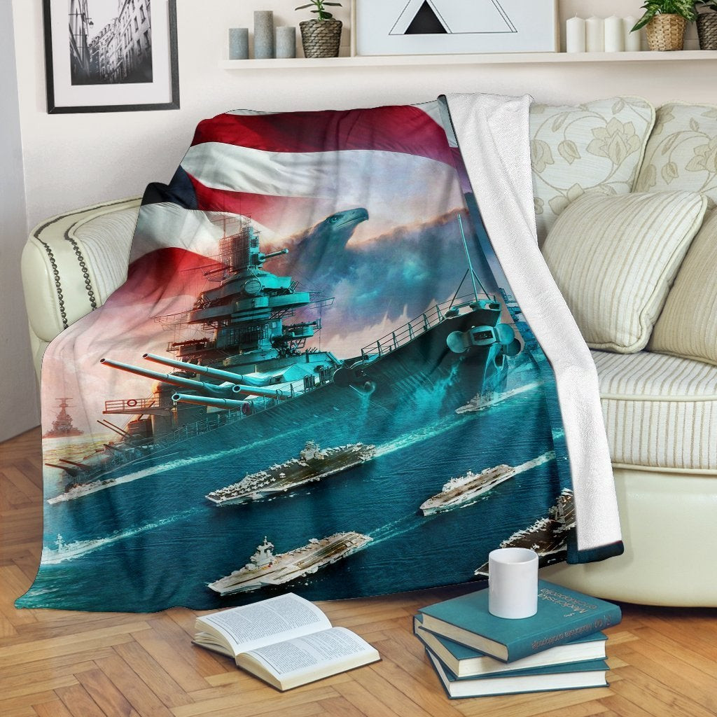 US Navy American Flag Sea Is Ours Battle Throw Blanket