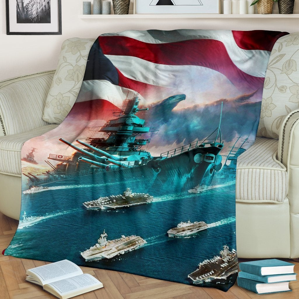 US Navy American Flag Sea Is Ours Battle Throw Blanket