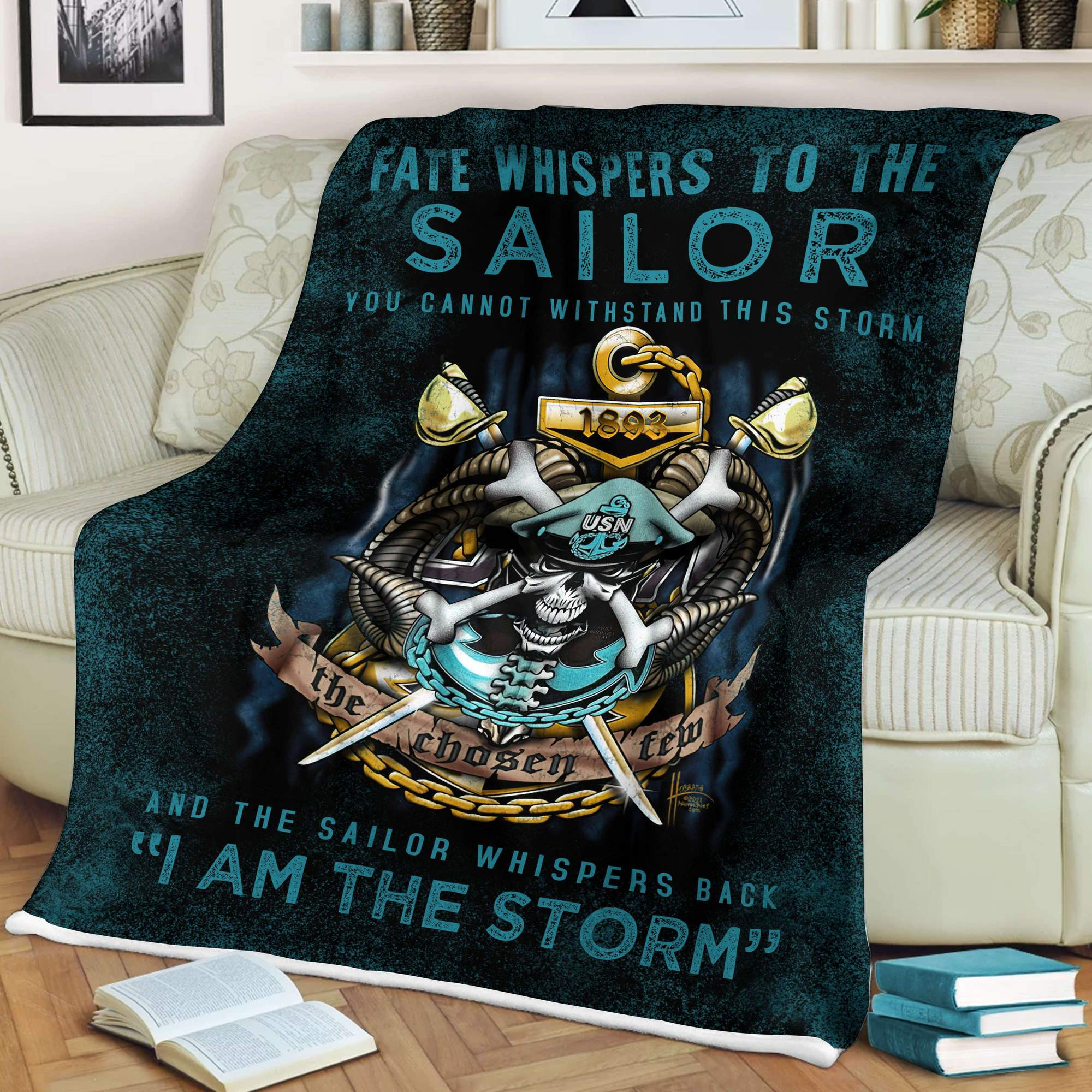 US Navy I Am The Storm Skull Swords USN Throw Blanket