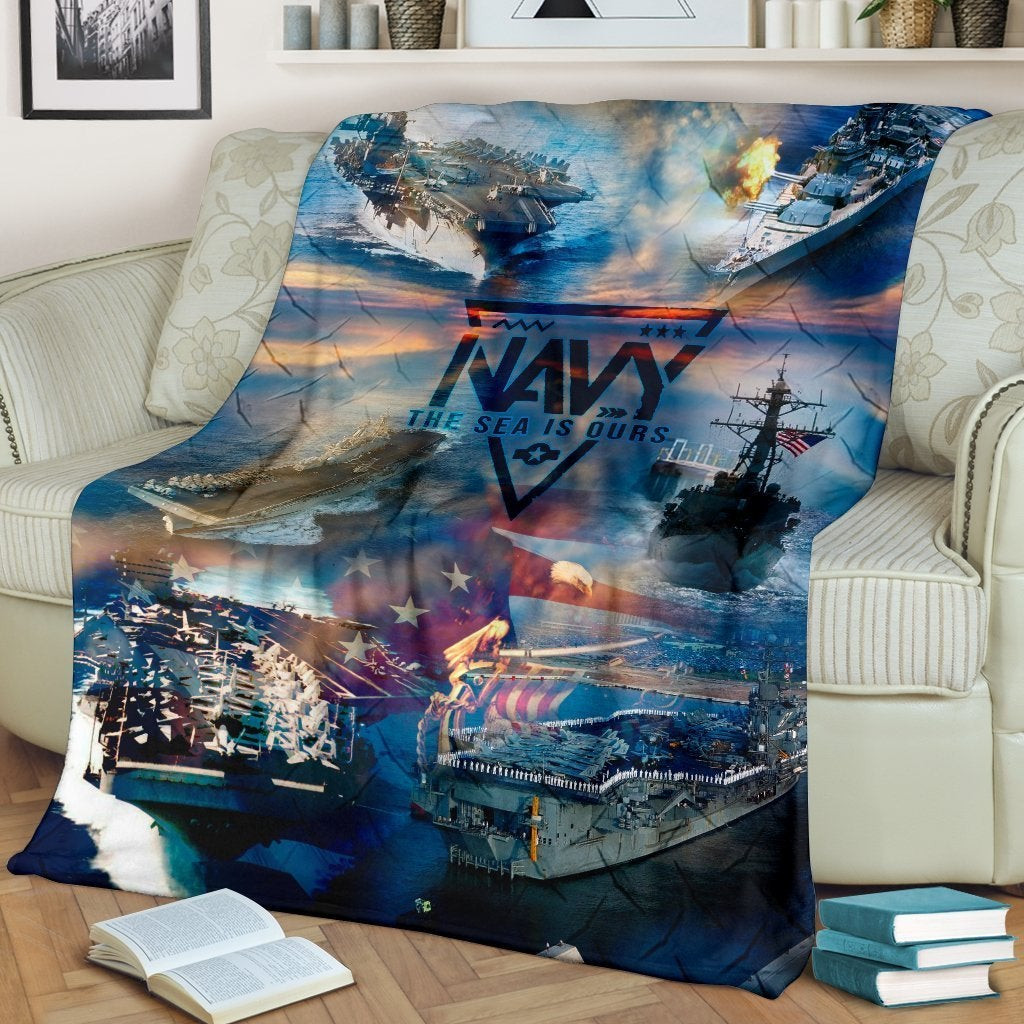 US Navy The Sea Is Ours American Flag Dark Blue Throw Blanket