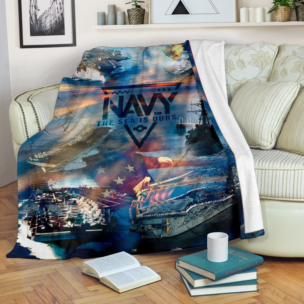 US Navy The Sea Is Ours American Flag Dark Blue Throw Blanket