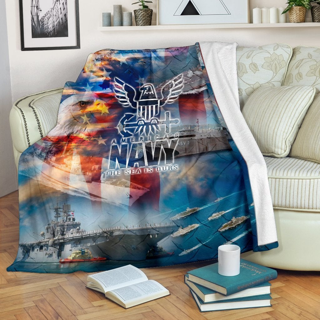 US Navy The Sea Is Ours Eagle With Anchor US Flag Throw Blanket