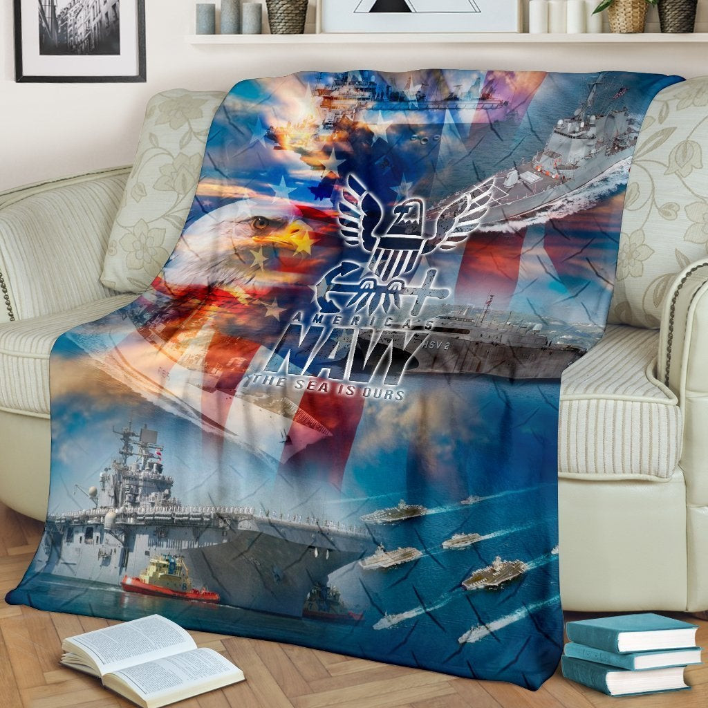 US Navy The Sea Is Ours Eagle With Anchor US Flag Throw Blanket