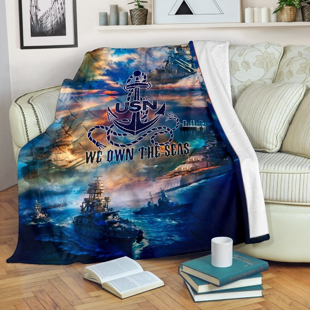 US Navy We Own The Seas Anchor Dark Blue Throw Blanket