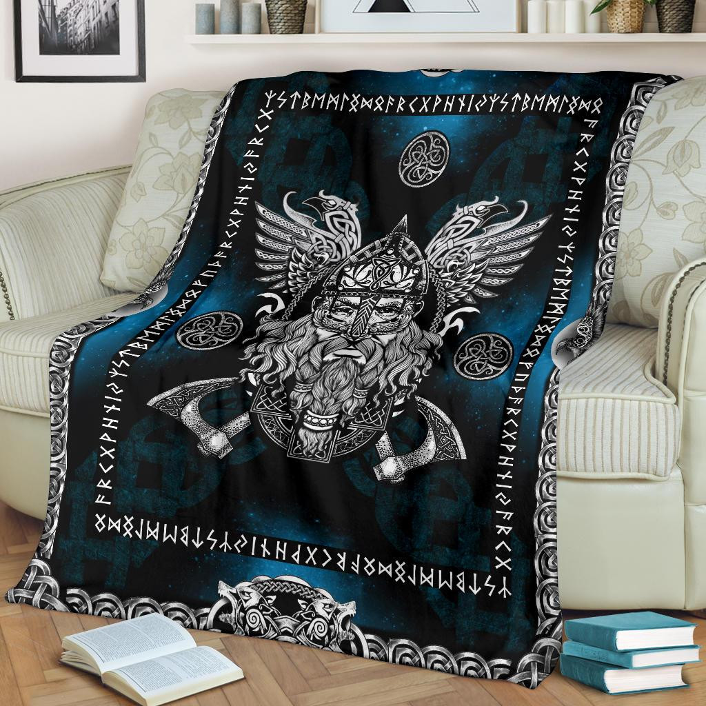 Viking Norse God Odin With Ravens Blue Viking Throw Blanket