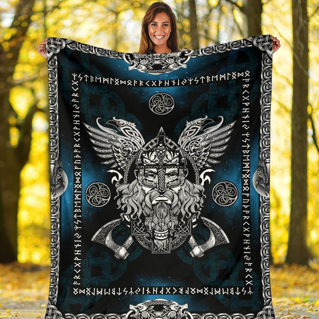 Viking Norse God Odin With Ravens Blue Viking Throw Blanket