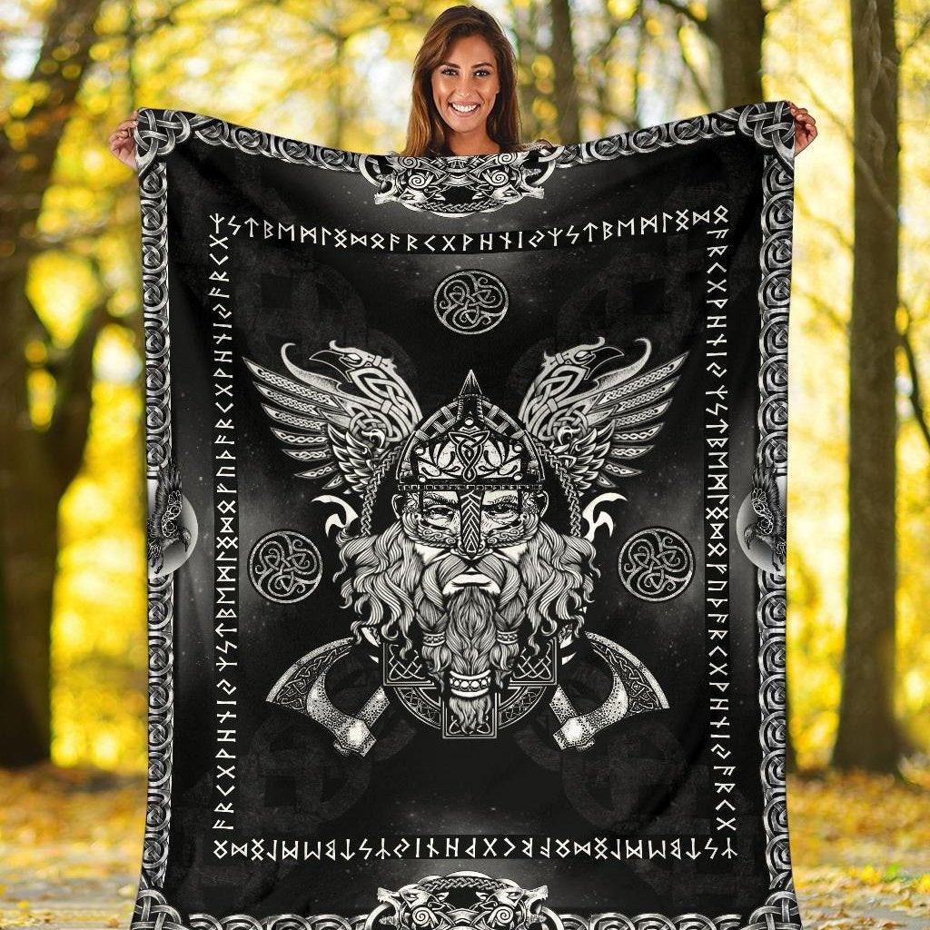 Viking Norse God Odin With Ravens Silver Viking Throw Blanket