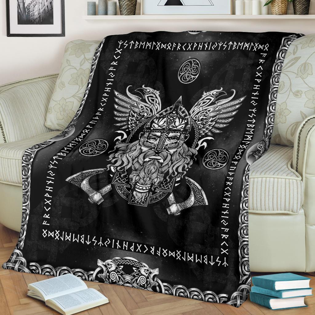 Viking Norse God Odin With Ravens Silver Viking Throw Blanket