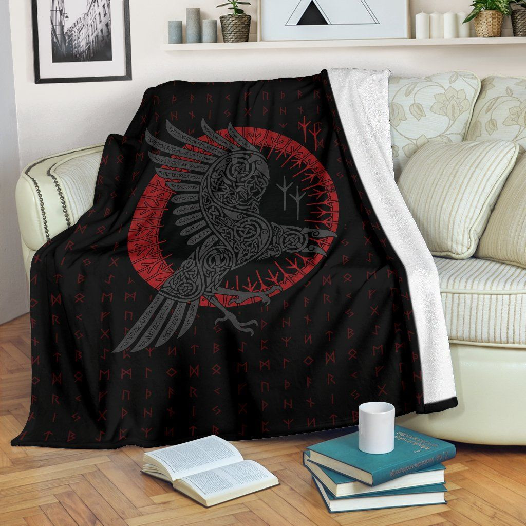 Viking Odins Raven Old Runes Style Viking Throw Blanket