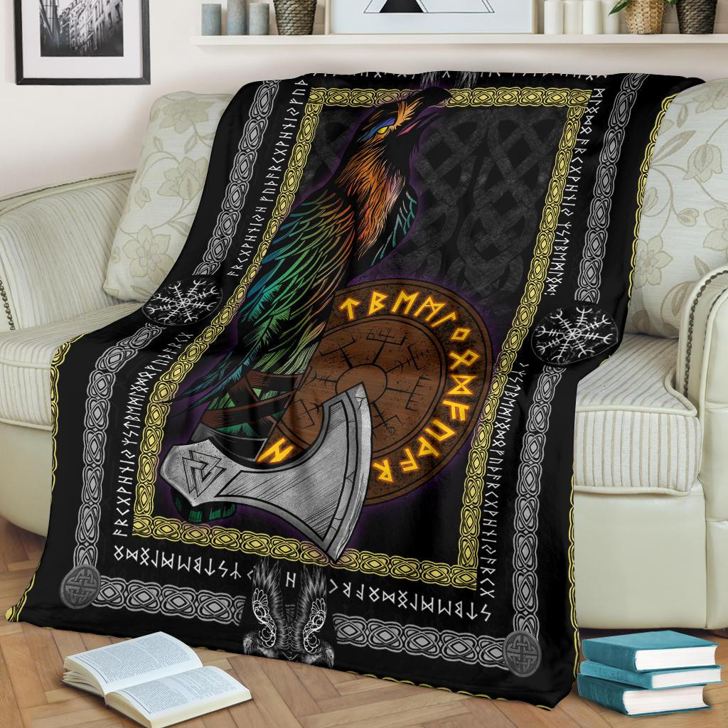 Viking Raven Helm Of Awe Black Viking Throw Blanket