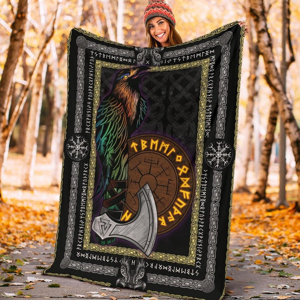 Viking Raven Helm Of Awe Black Viking Throw Blanket