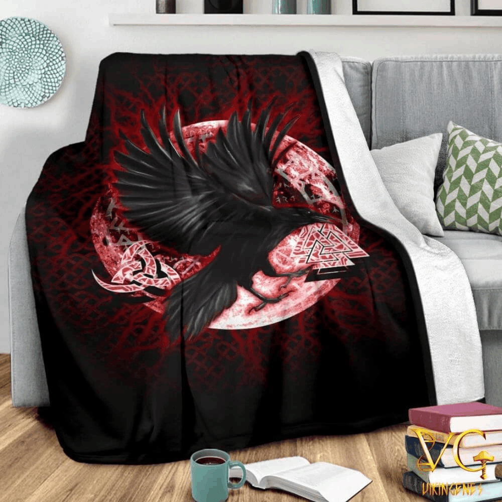 Viking Symbol Raven Valknut Black Red Viking Throw Blanket