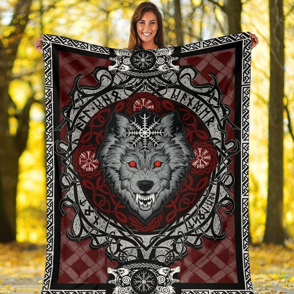 Viking Wolf With Helm Of Awe Red Caro Viking Throw Blanket