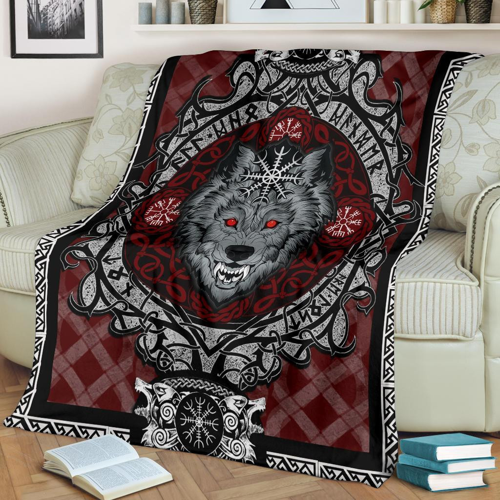 Viking Wolf With Helm Of Awe Red Caro Viking Throw Blanket