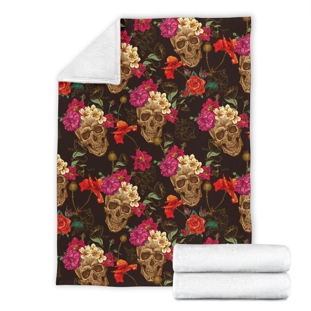 Vintage Flowers Skull Pattern Colorful Throw Blanket