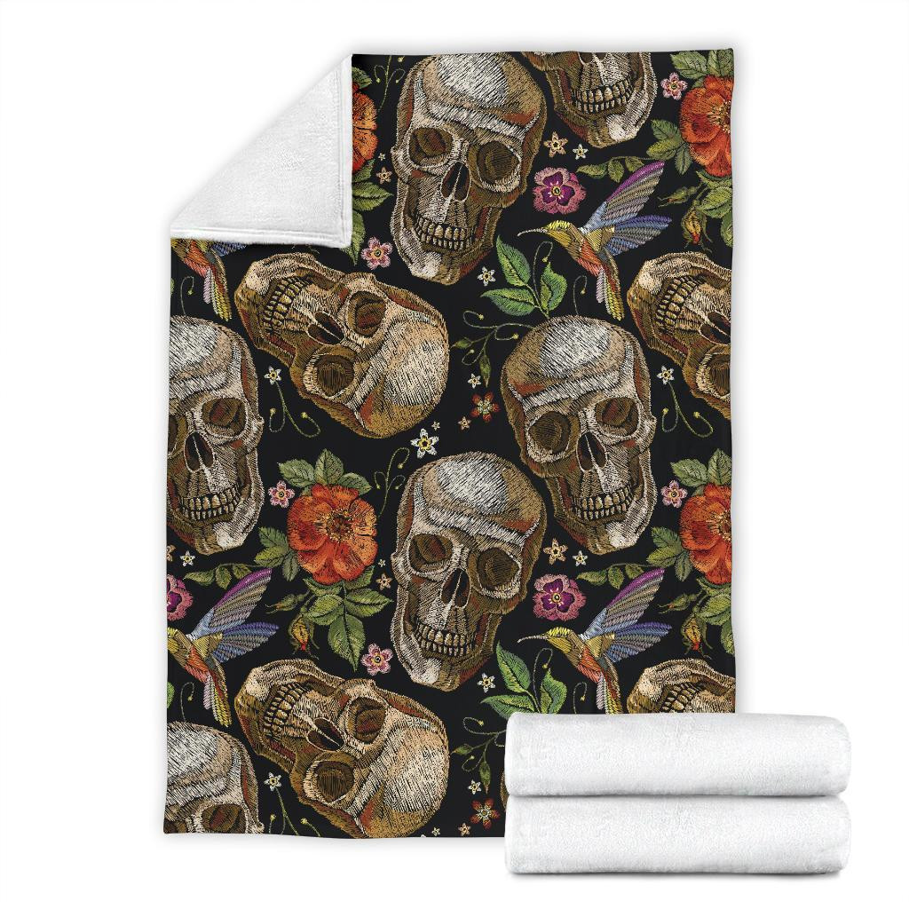 Vintage Skull Pattern Floral Hummingbird Throw Blanket