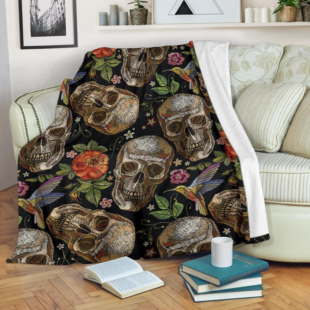 Vintage Skull Pattern Floral Hummingbird Throw Blanket