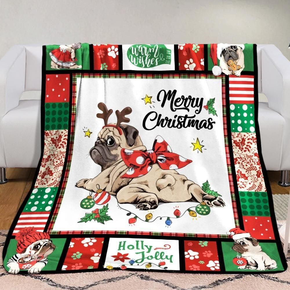 Warm Wishes Holly Jolly Pug Merry Christmas Throw Blanket