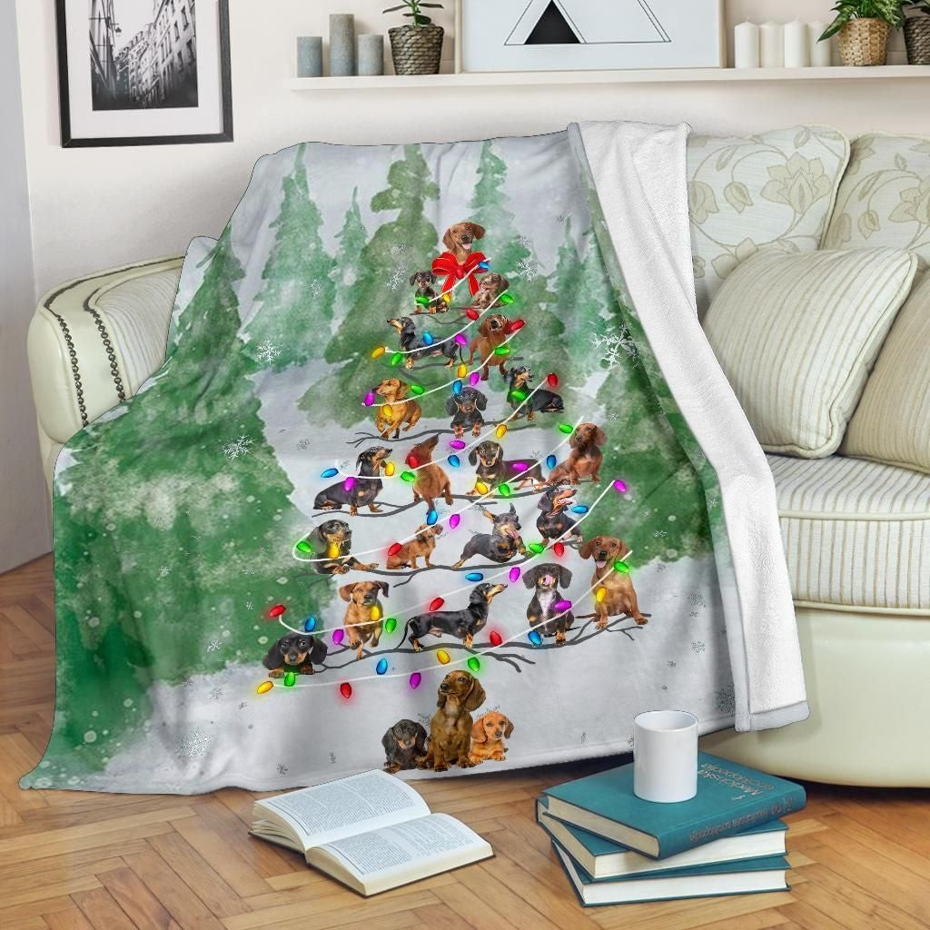 Watercolor Dachshund Christmas Tree Winter Holiday Decoration Throw Blanket