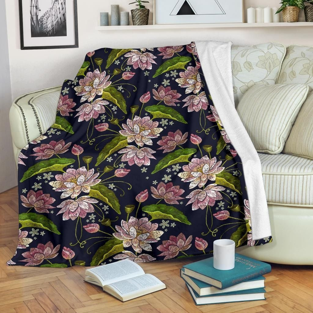 Wild Lotus Embroidered Pattern Print Throw Blanket