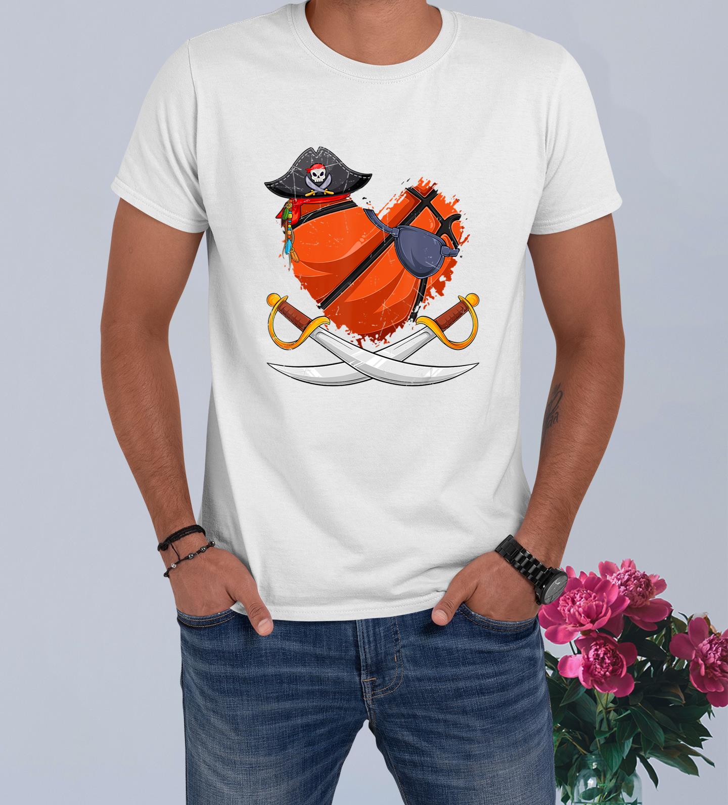 Basketball Heart Pirate Hat Jolly Roger Halloween Costume T-Shirt