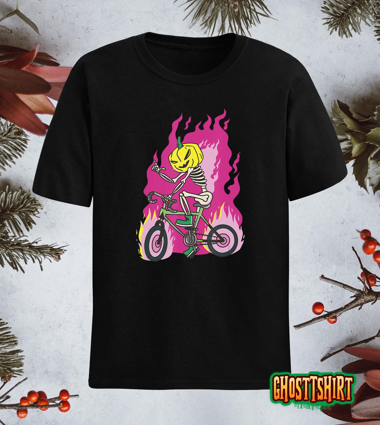 Biker On Flames Halloween Pumpkin Head Bicycle Outfit T-Shirt