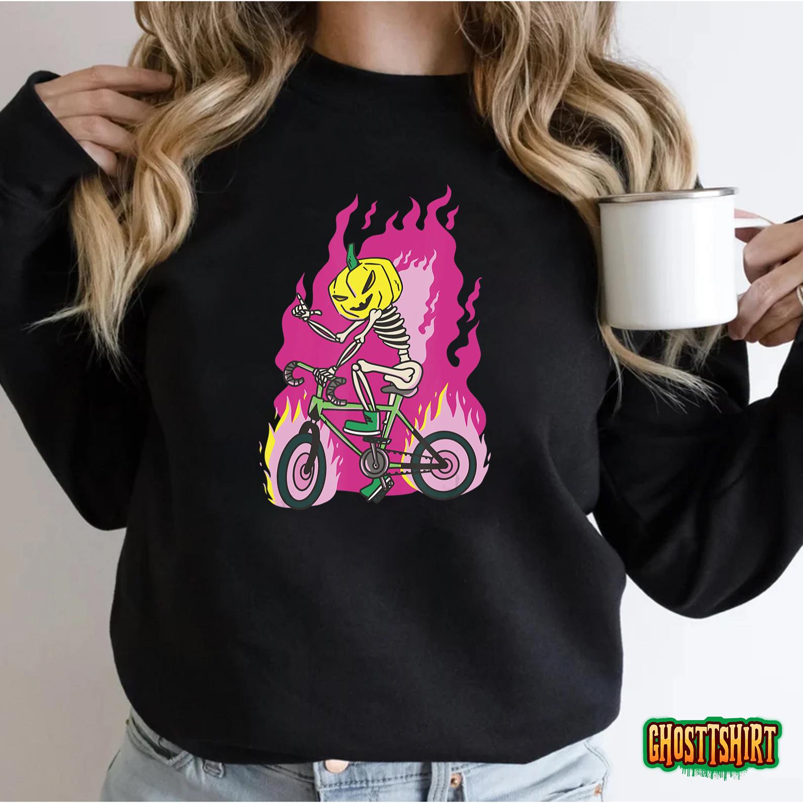 Biker On Flames Halloween Pumpkin Head Bicycle Outfit T-Shirt