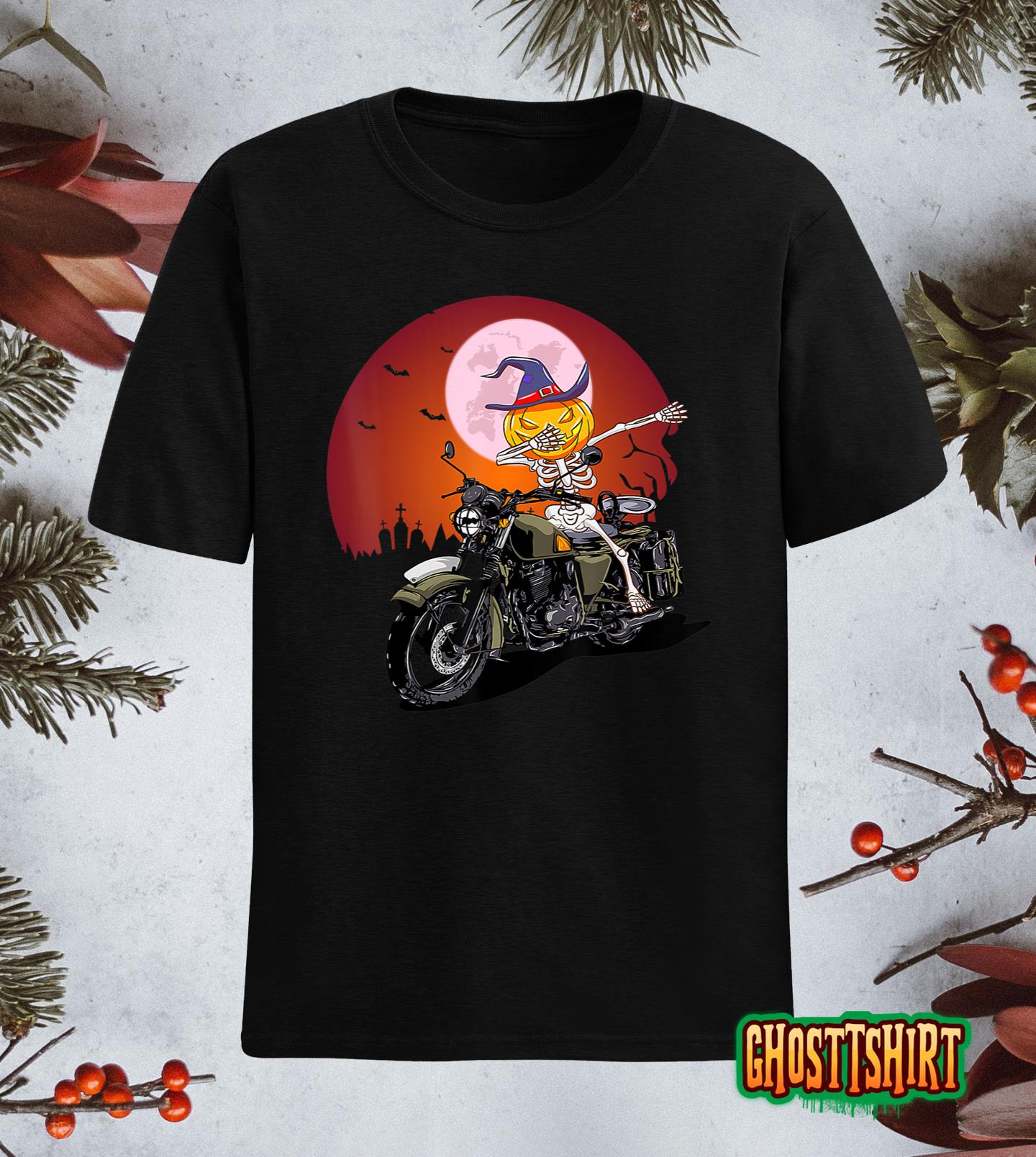 Biker Shirt For Halloween Pumpkin Head Skull Motorcycle T-Shirt