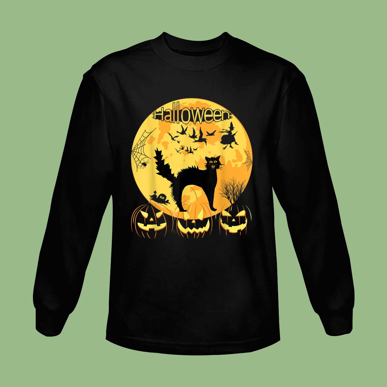 Black Scary Cat with Lighted Eyes Halloween T-Shirt