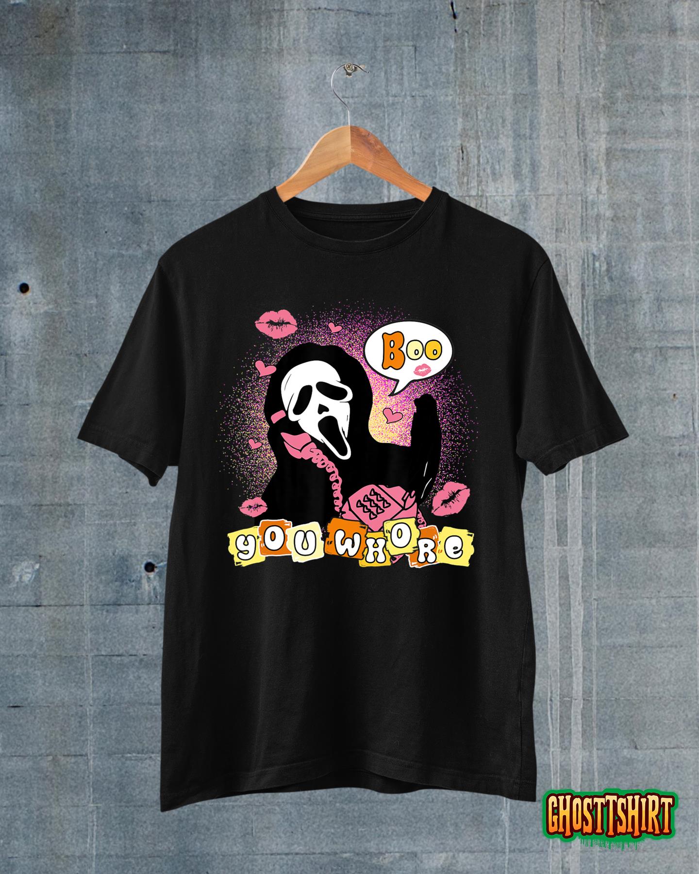 Boo You Whore Funny Ghost on Pink Phone Funny Halloween T-Shirt