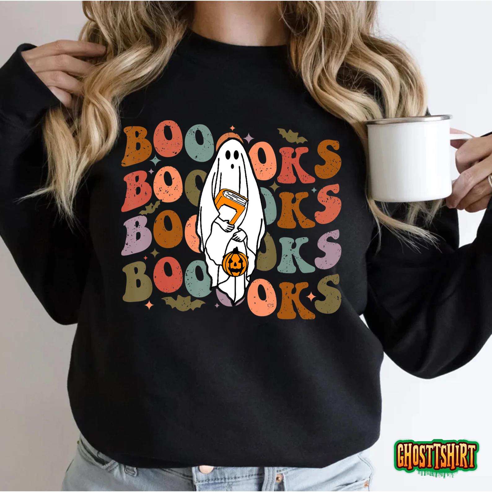 Booooks Groovy Cute Ghost Book Retro Reading Halloween T-Shirt