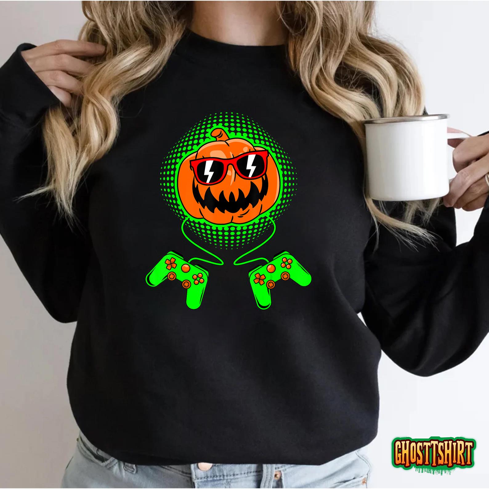 Boys Halloween Shirt Jack O Lantern Gamer Kids Men Halloween T-Shirt