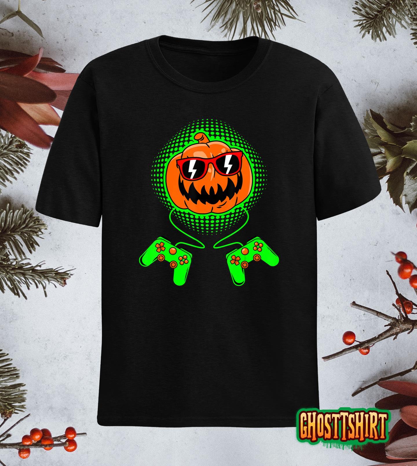 Boys Halloween Shirt Jack O Lantern Gamer Kids Men Halloween T-Shirt