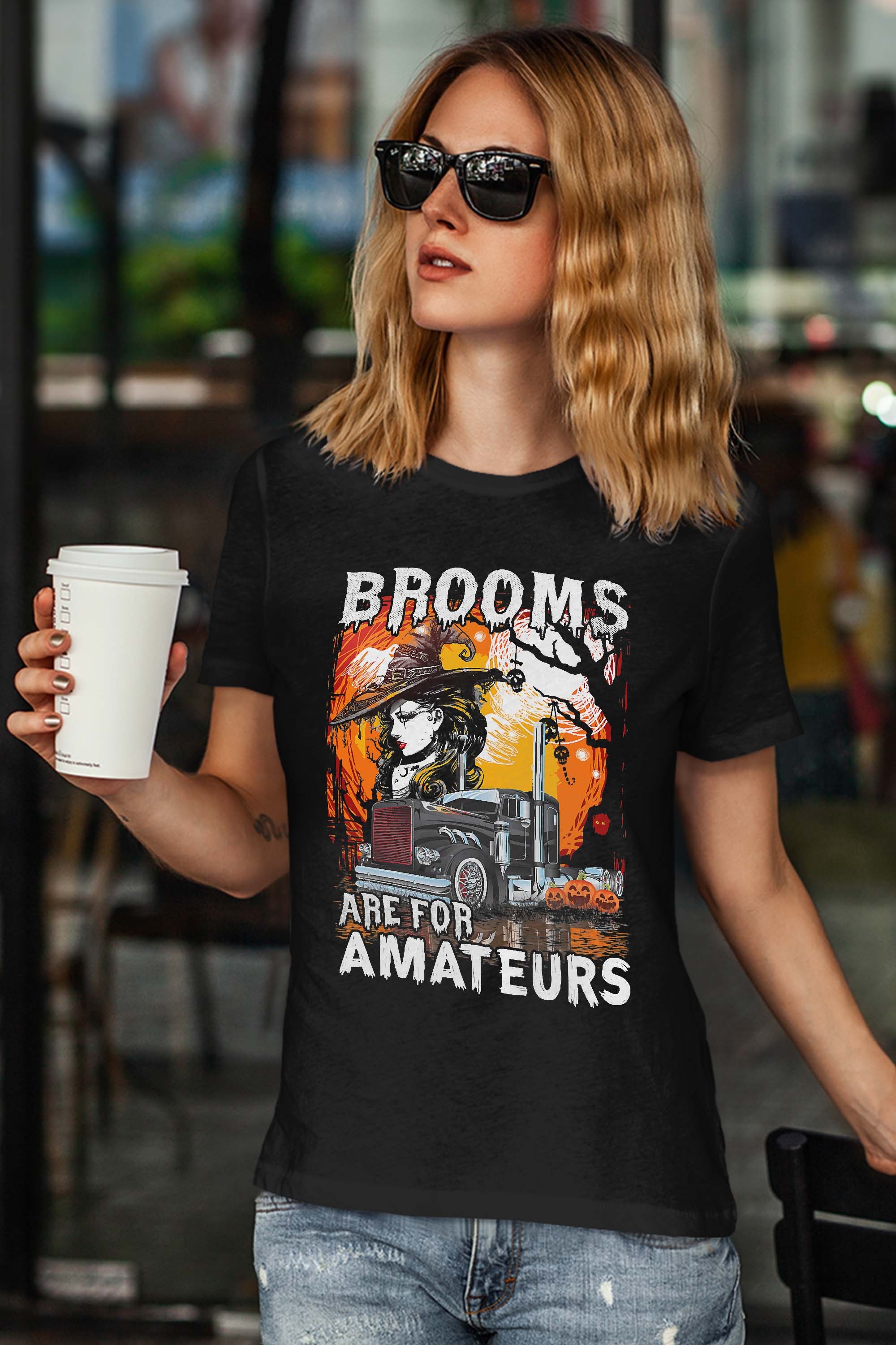 Brooms Are For Amateurs Trucker Funny Halloween Truck Driver T-Shirt