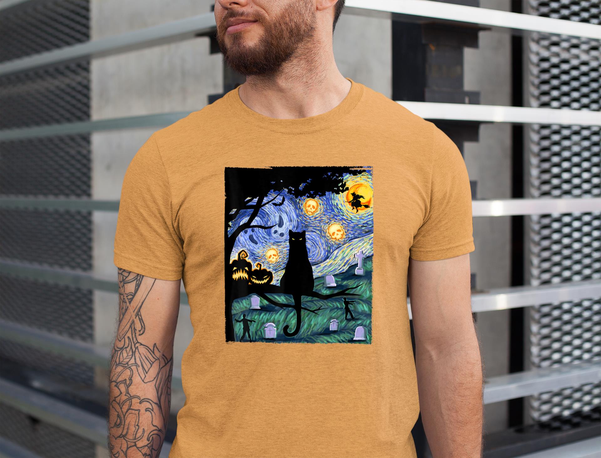 Cat Tshirt, Scary Night Cat Tee, Van Gogh Gift, Halloween T-Shirt