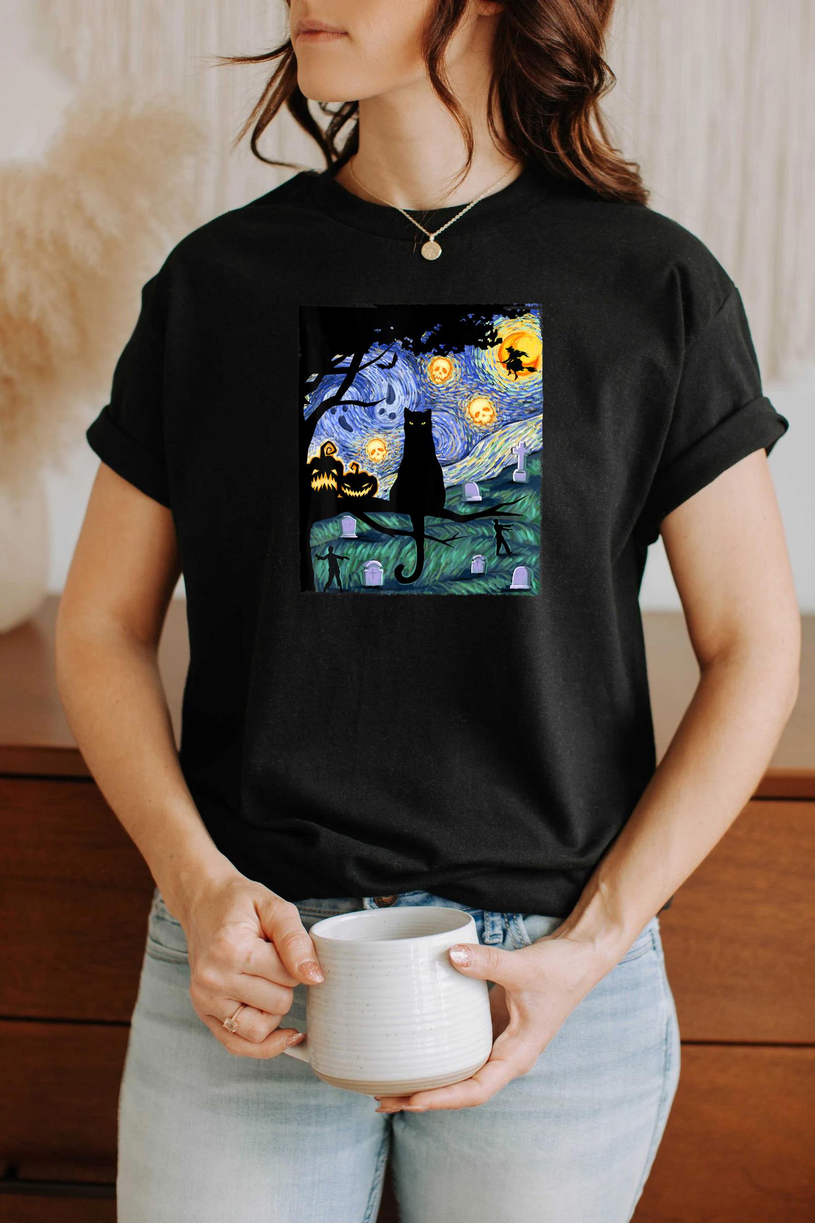 Cat Tshirt, Scary Night Cat Tee, Van Gogh Gift, Halloween T-Shirt