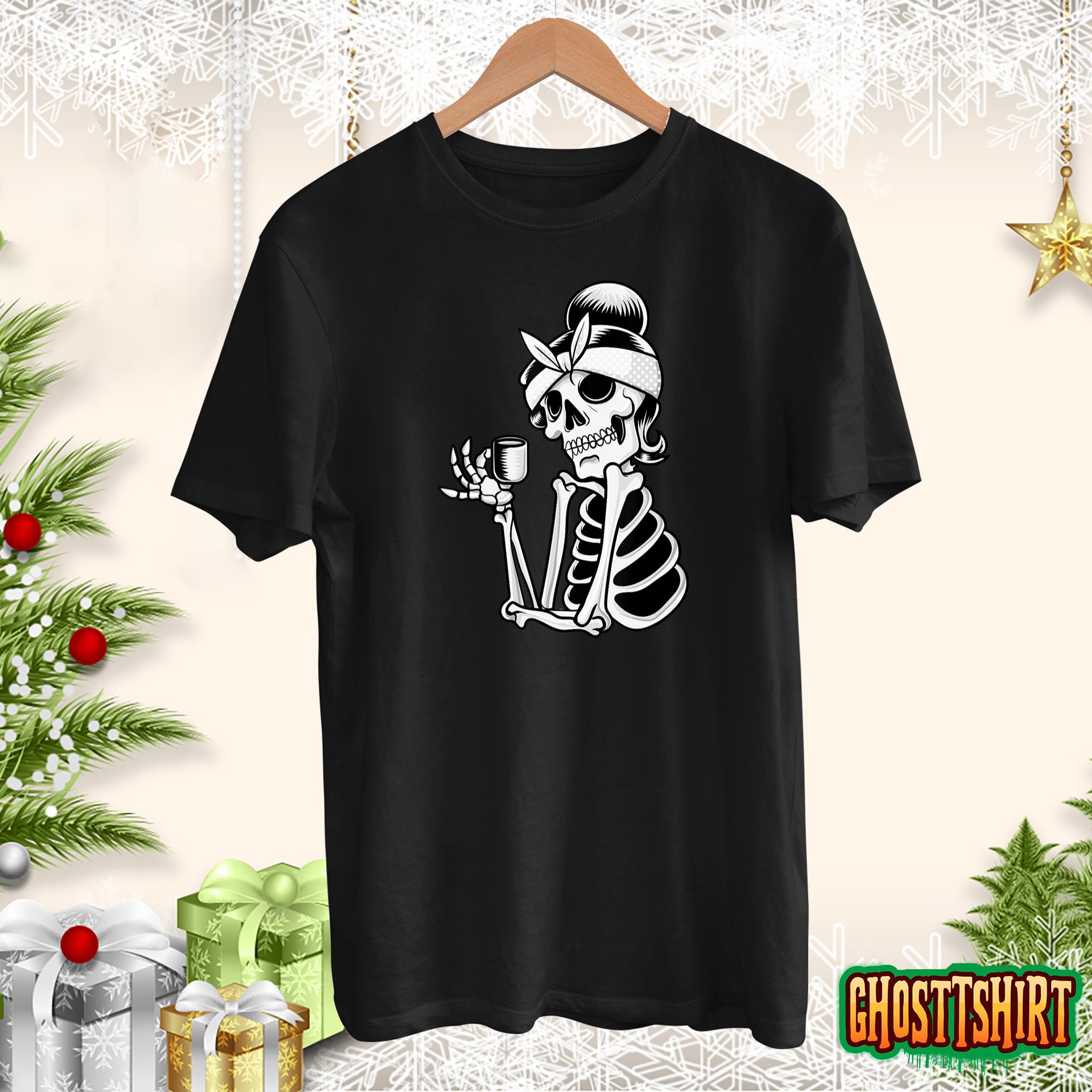 Coffee Drinking Skeleton Lazy DIY Halloween Costume Women T-Shirt