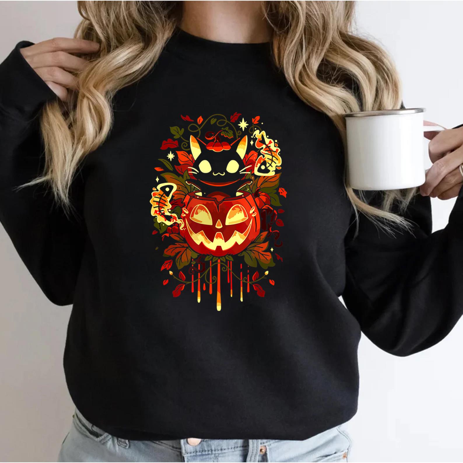 Cute Black Cat Halloween Costume Creepy Gift Men Women Kids T-Shirt