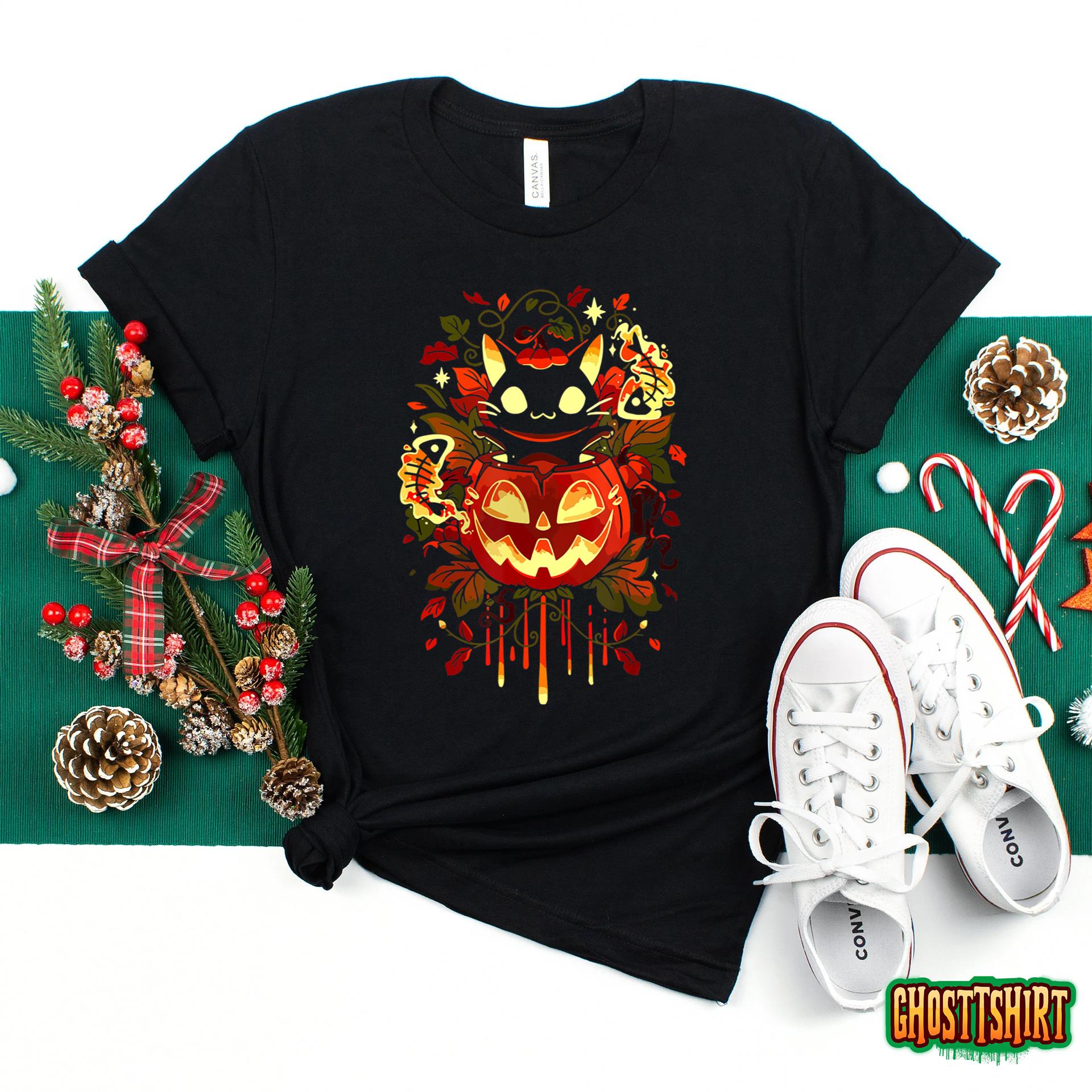 Cute Black Cat Halloween Costume Creepy Gift Men Women Kids T-Shirt