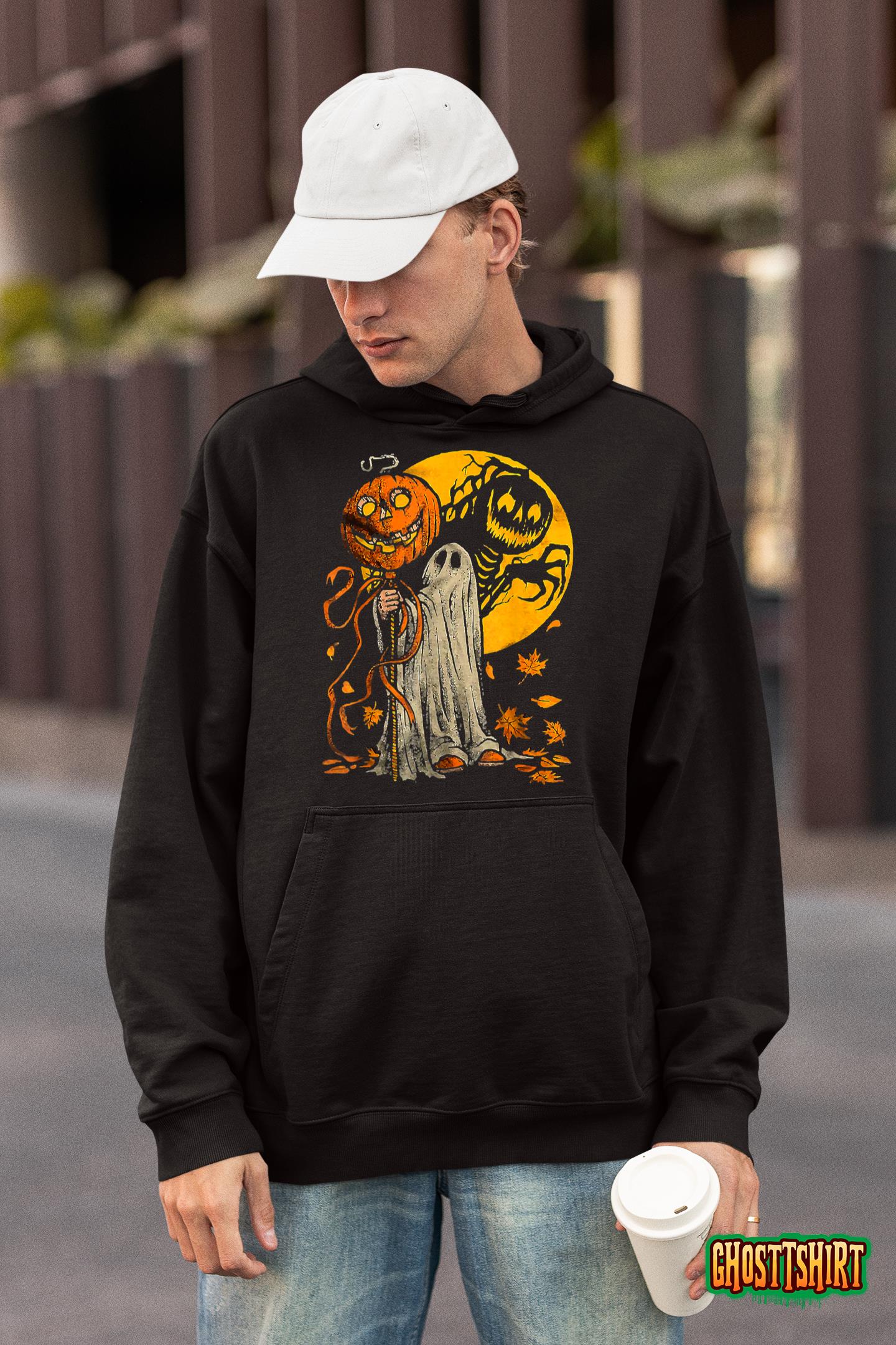 Cute Halloween Pumpkin Ghost Autumn Leaves Graphic Art Hoodie