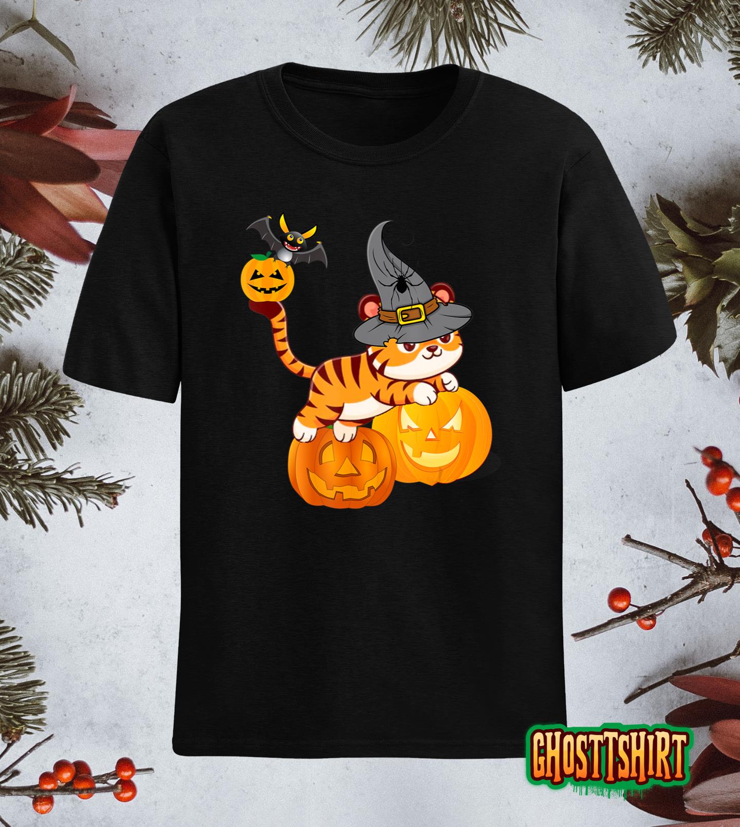 Cute Halloween Tiger In Witch Hat T-Shirt