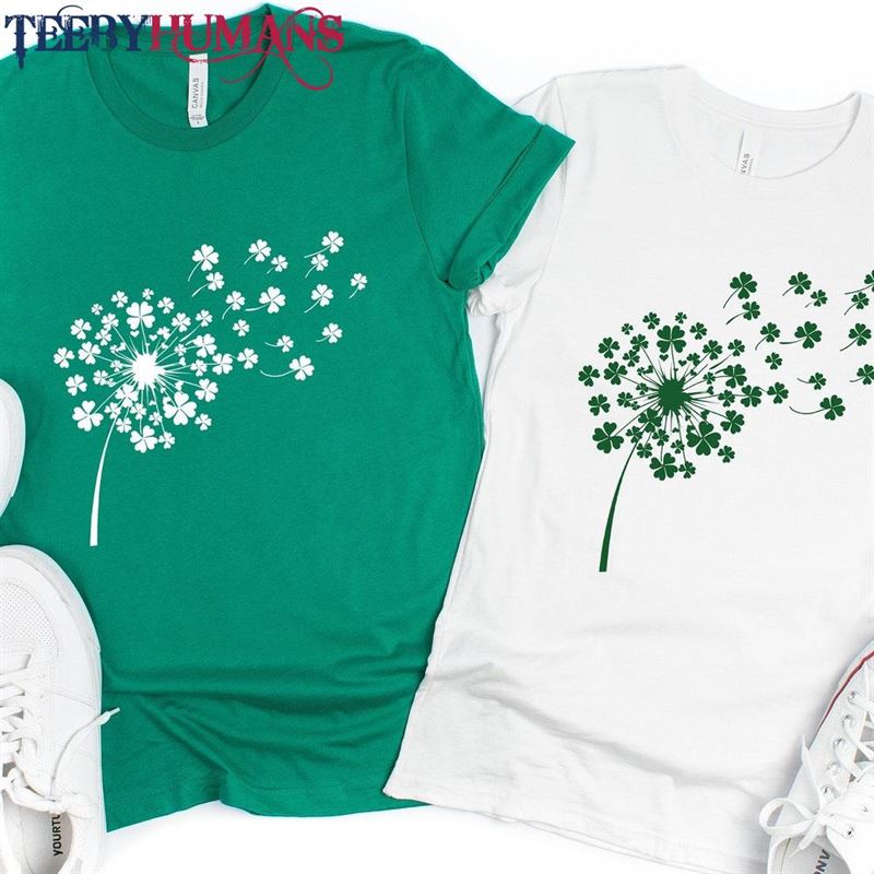 Dandelion St Patricks Day T-Shirt Floral Irish Four Leaf Clover Classic Unisex