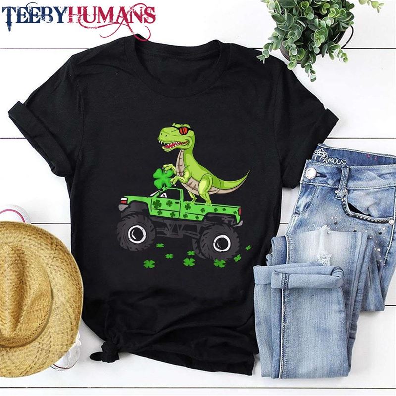 Dinosaur Monster Truck St Patricks Shirt Lucky Irish Glitter Shamrock Sweatshirt T-Shirt Hoodie