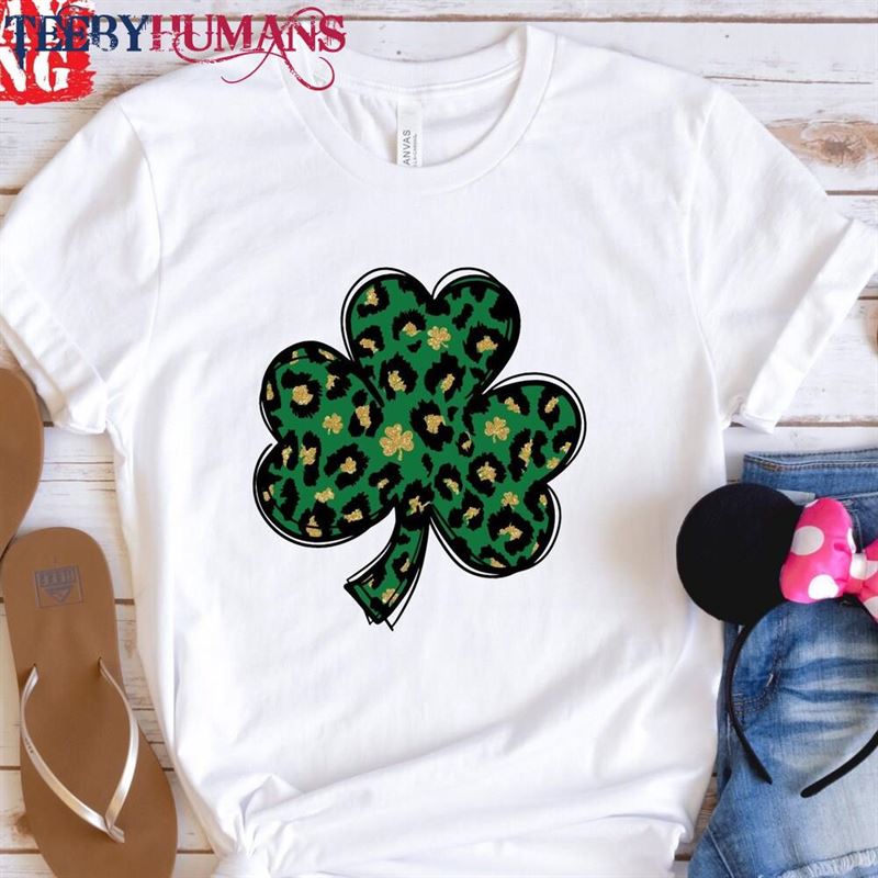 Leopard Pattern Shamrock Shirt Four Leaf Clover St Patrick Classic Unisex