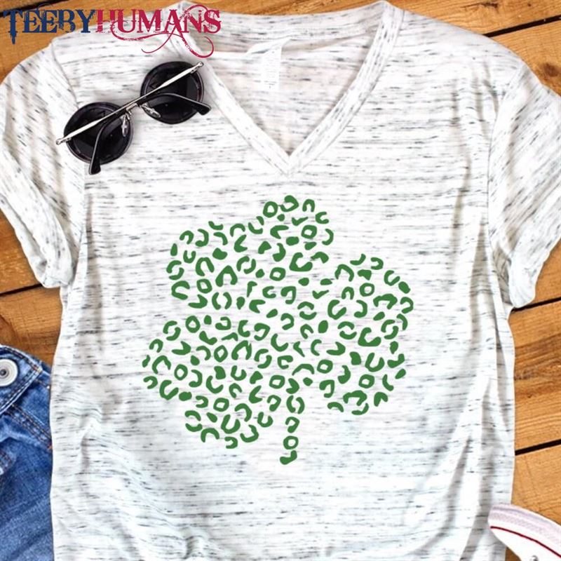 Leopard Print Clover Shamrock St Patrick’s Day Fun Unisex V Neck Graphic Tee T-Shirt Hoodie Sweatshirt