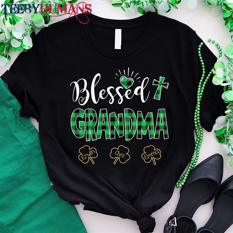 Personalized Blessed Grandma Shirt Buffalo Plaid St Patricks Shamrock Grandkids Hoodie Classic