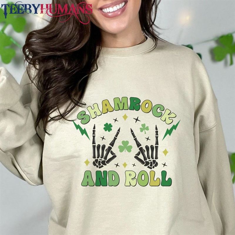 Shamrock And Roll Shirt Saint Patricks Day Sweater Funny St Four Leaf Clover Sweatshirt Hoodie