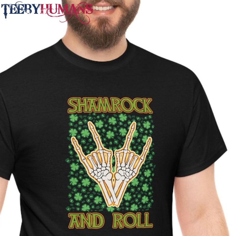 Shamrock And Roll St Patrick’s Day Skelton Hands Shirt Lucky Four Leaf Clover Classic T-Shirt