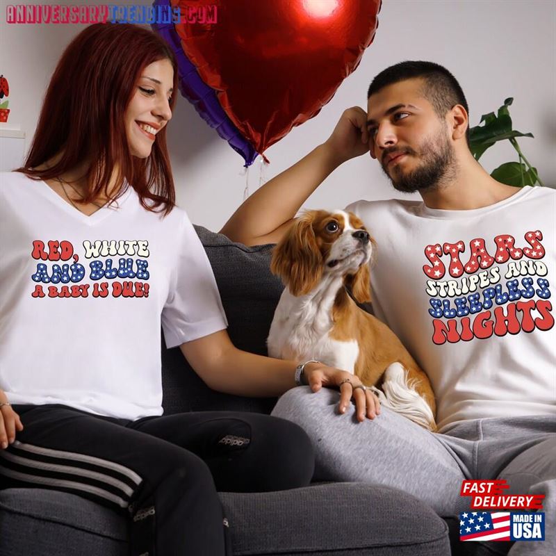 4Th Of July Pregnancy Announcement Shirts Red White And Blue Baby Is Due T-Shirt Star Stripes Sleepless Nights Sweatshirt Hoodie – Bipubunny Store